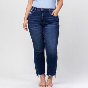 VERVET BY FLYING MONKEY Dark Indigo Cropped Raw-Hem Jeans